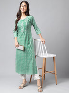 Janasya Women's Green Rayon Yoke Embroidered Straight Casual Kurta Set