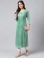 Janasya Women's Green Rayon Yoke Embroidered Straight Casual Kurta Set