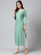 Janasya Women's Green Rayon Yoke Embroidered Straight Casual Kurta Set