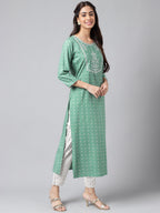 Janasya Women's Green Rayon Yoke Embroidered Straight Casual Kurta Set