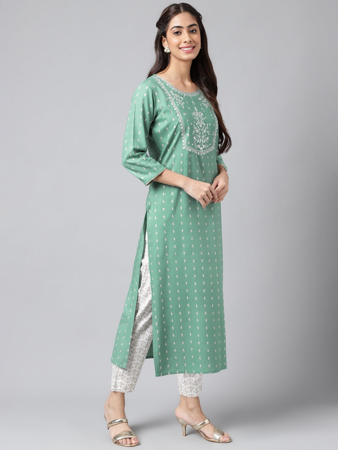 Janasya Women's Green Rayon Yoke Embroidered Straight Casual Kurta Set