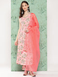 Janasya Women's Peach Moss Digital Floral Printed Flared Festive Kurta Set