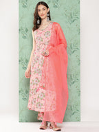 Janasya Women's Peach Moss Digital Floral Printed Flared Festive Kurta Set