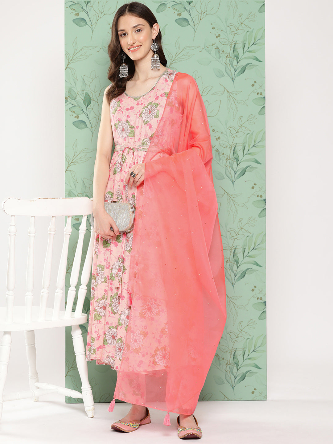 Janasya Women's Peach Moss Digital Floral Printed Flared Festive Kurta Set