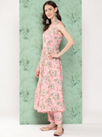 Janasya Women's Peach Moss Digital Floral Printed Flared Festive Kurta Set
