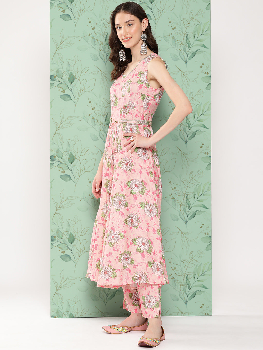 Janasya Women's Peach Moss Digital Floral Printed Flared Festive Kurta Set