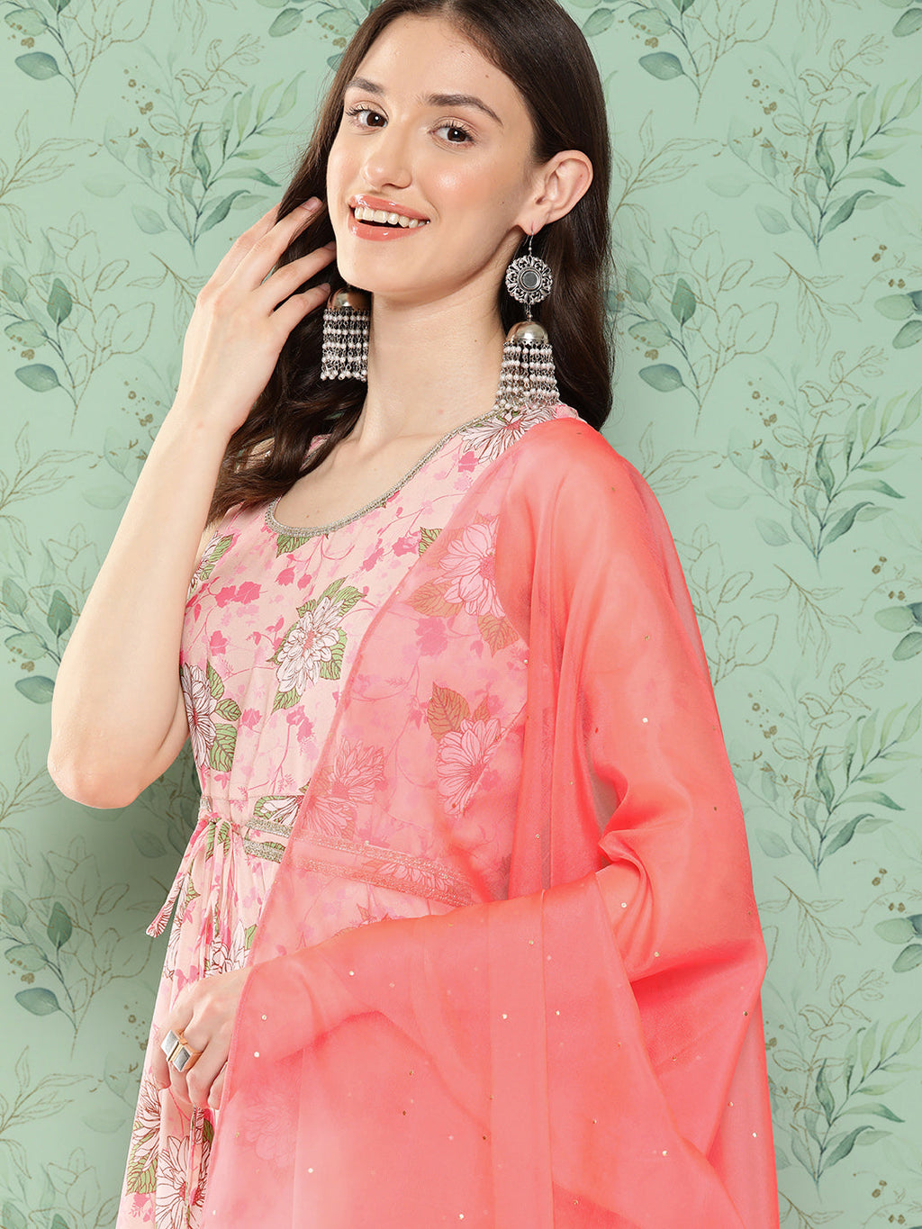 Janasya Women's Peach Moss Digital Floral Printed Flared Festive Kurta Set