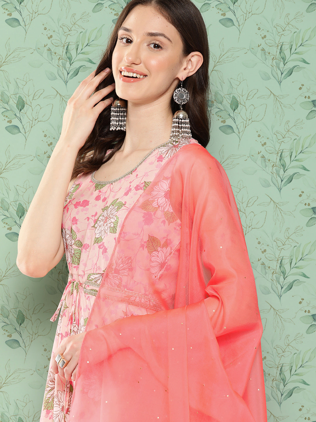 Janasya Women's Peach Moss Digital Floral Printed Flared Festive Kurta Set