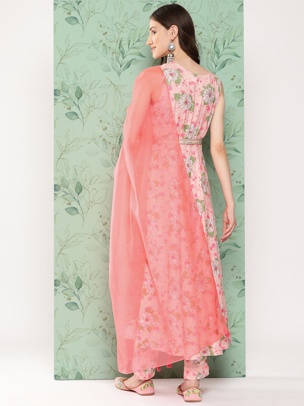 Janasya Women's Peach Moss Digital Floral Printed Flared Festive Kurta Set