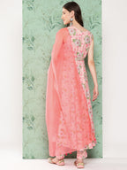 Janasya Women's Peach Moss Digital Floral Printed Flared Festive Kurta Set