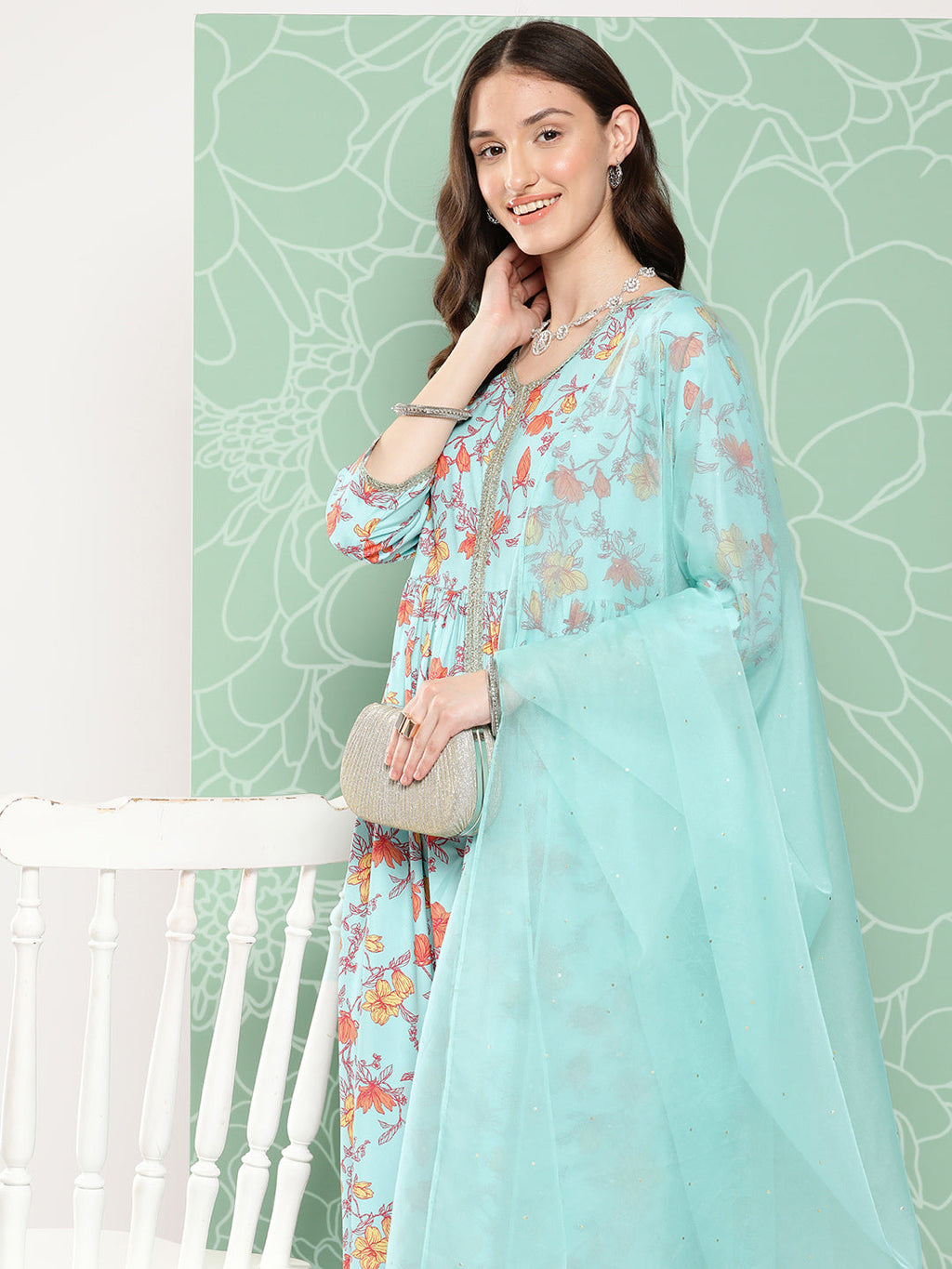 Janasya Women's Aqua Blue Moss Digital Floral Printed Gathered Festive Kurta Set