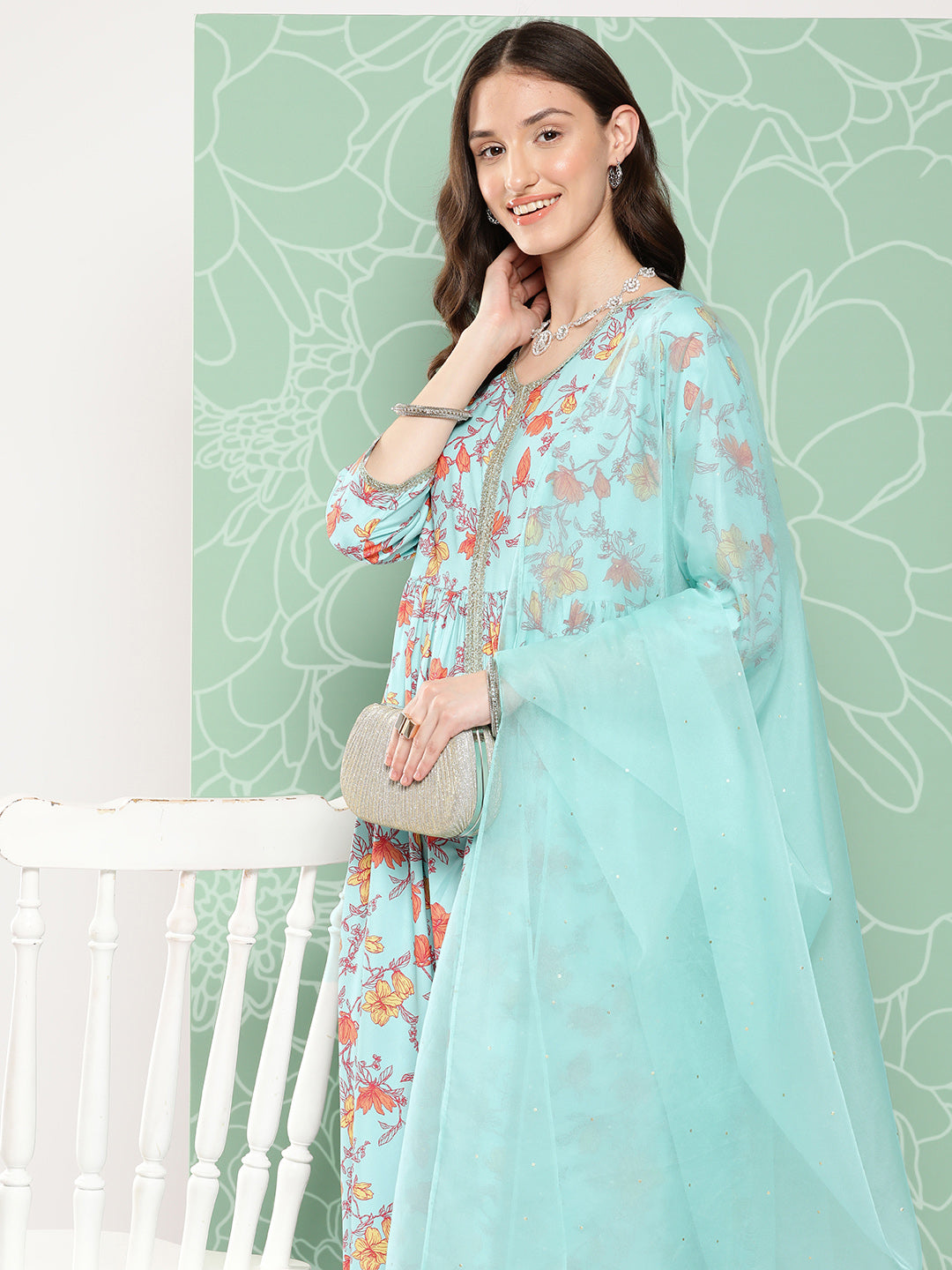 Janasya Women's Aqua Blue Moss Digital Floral Printed Gathered Festive Kurta Set