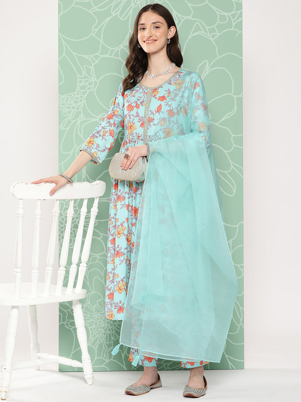Janasya Women's Aqua Blue Moss Digital Floral Printed Gathered Festive Kurta Set