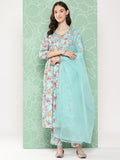 Janasya Women's Aqua Blue Moss Digital Floral Printed Gathered Festive Kurta Set