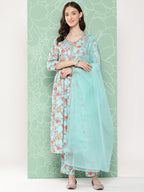 Janasya Women's Aqua Blue Moss Digital Floral Printed Gathered Festive Kurta Set