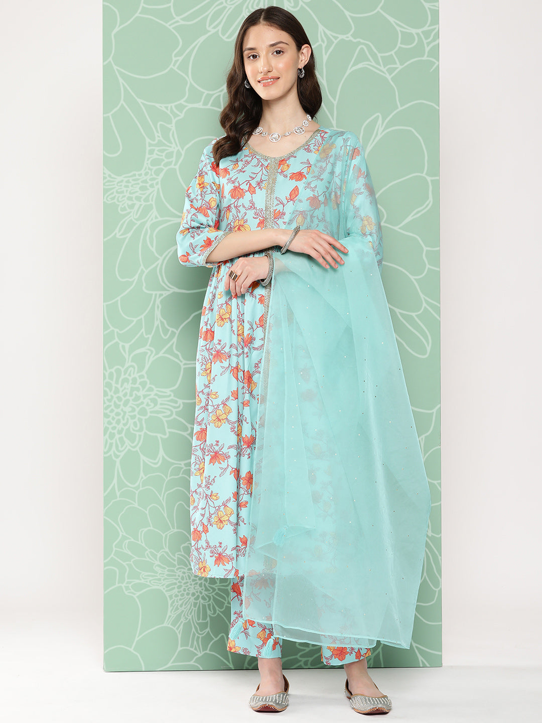 Janasya Women's Aqua Blue Moss Digital Floral Printed Gathered Festive Kurta Set