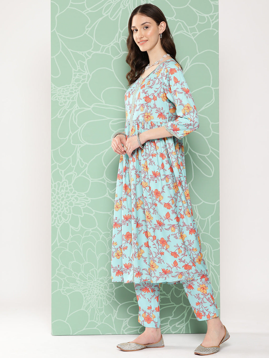 Janasya Women's Aqua Blue Moss Digital Floral Printed Gathered Festive Kurta Set