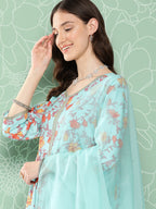 Janasya Women's Aqua Blue Moss Digital Floral Printed Gathered Festive Kurta Set