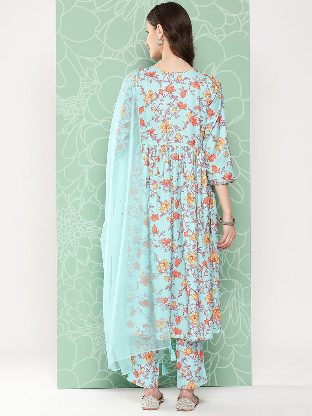 Janasya Women's Aqua Blue Moss Digital Floral Printed Gathered Festive Kurta Set