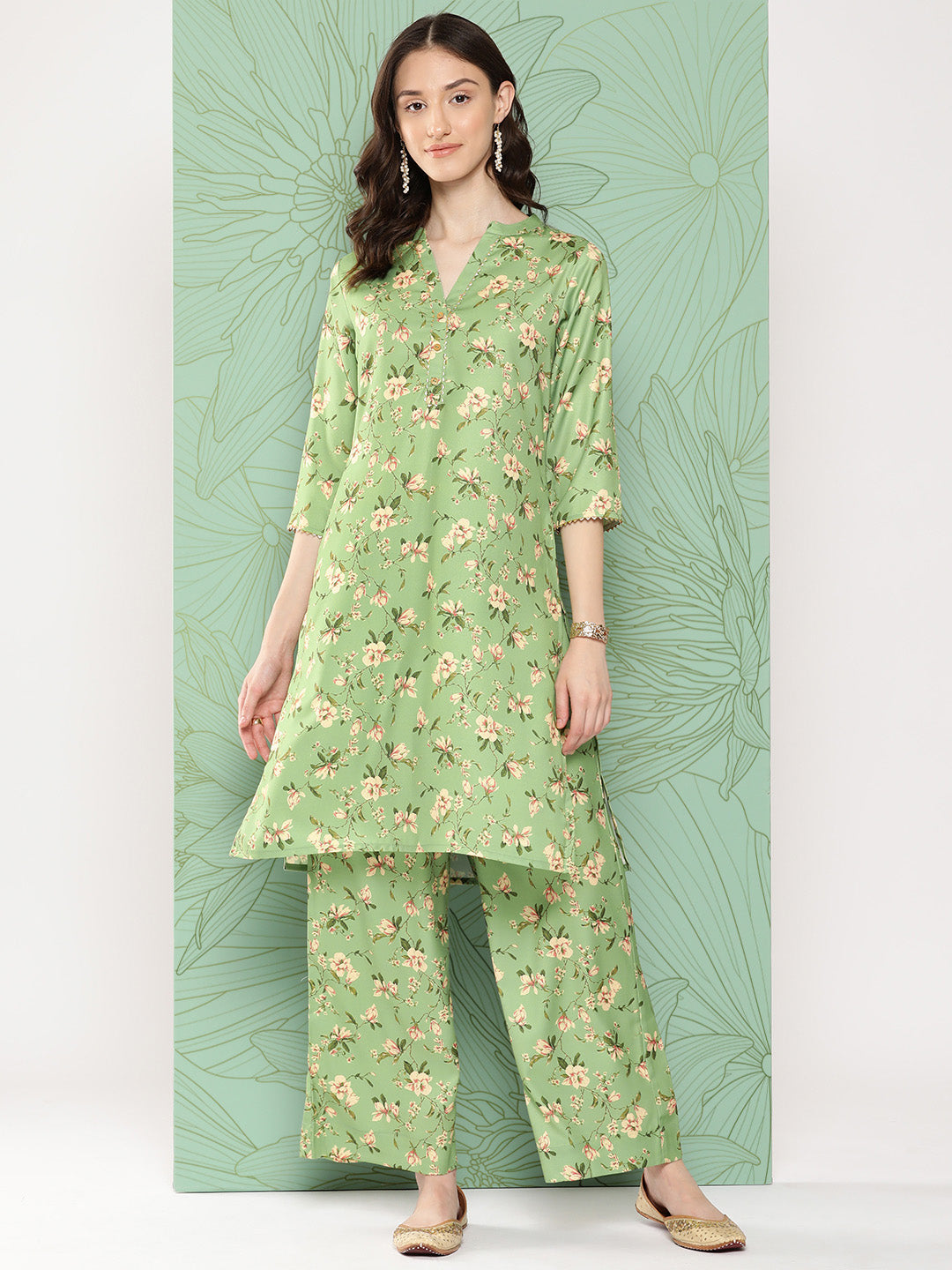 Janasya Women's Green Moss Digital Floral Printed Straight Casual Kurta Set