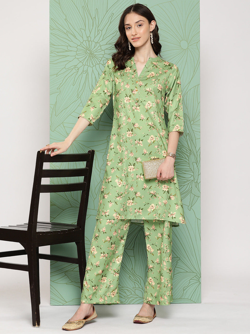 Janasya Women's Green Moss Digital Floral Printed Straight Casual Kurta Set