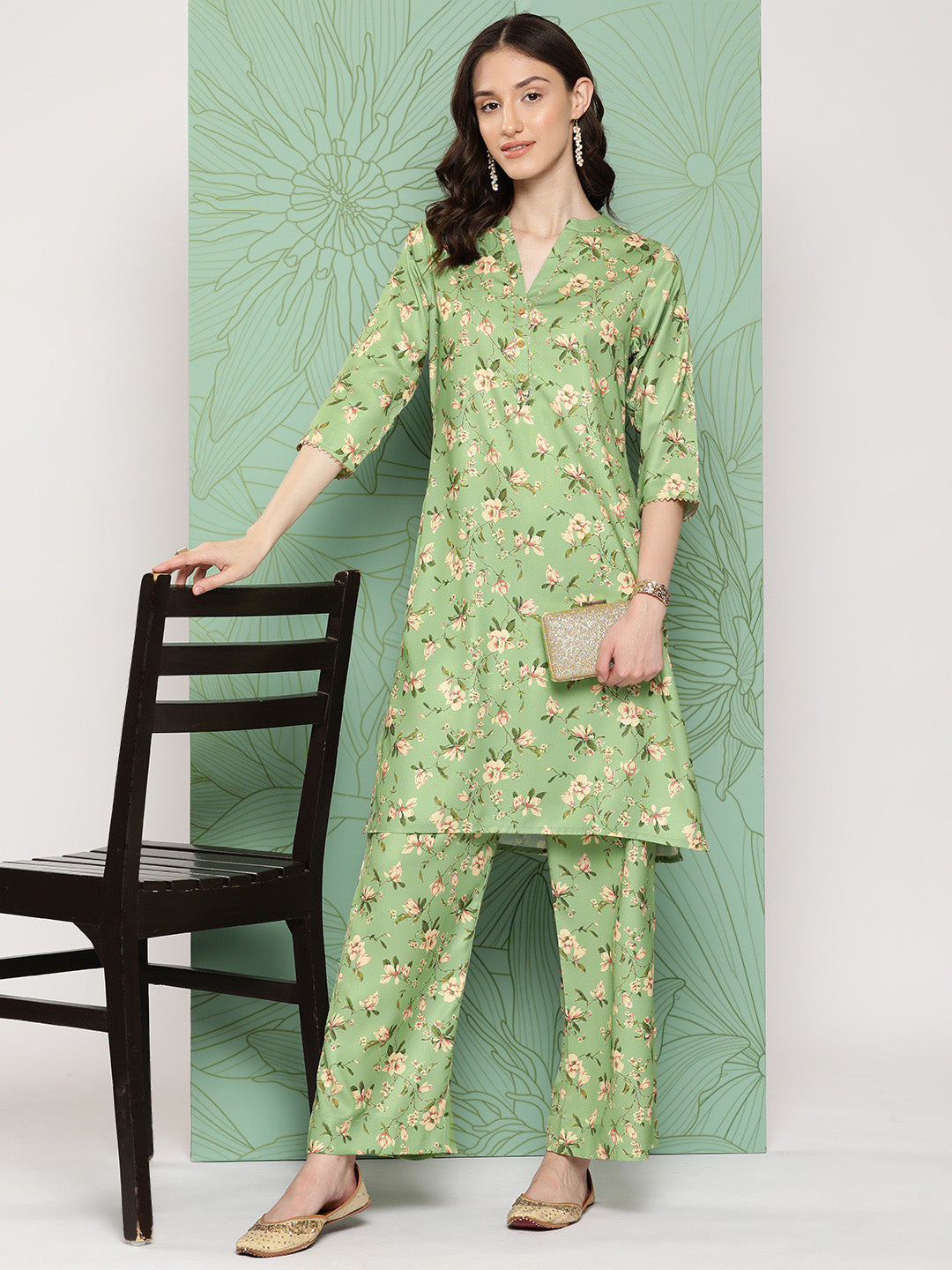Janasya Women's Green Moss Digital Floral Printed Straight Casual Kurta Set