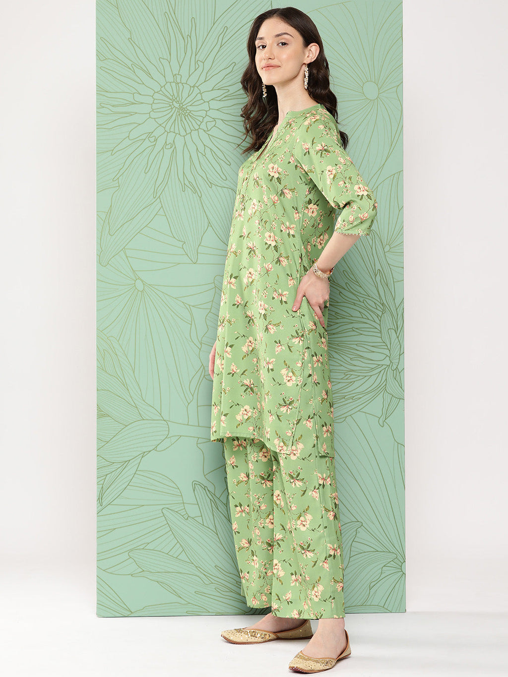 Janasya Women's Green Moss Digital Floral Printed Straight Casual Kurta Set