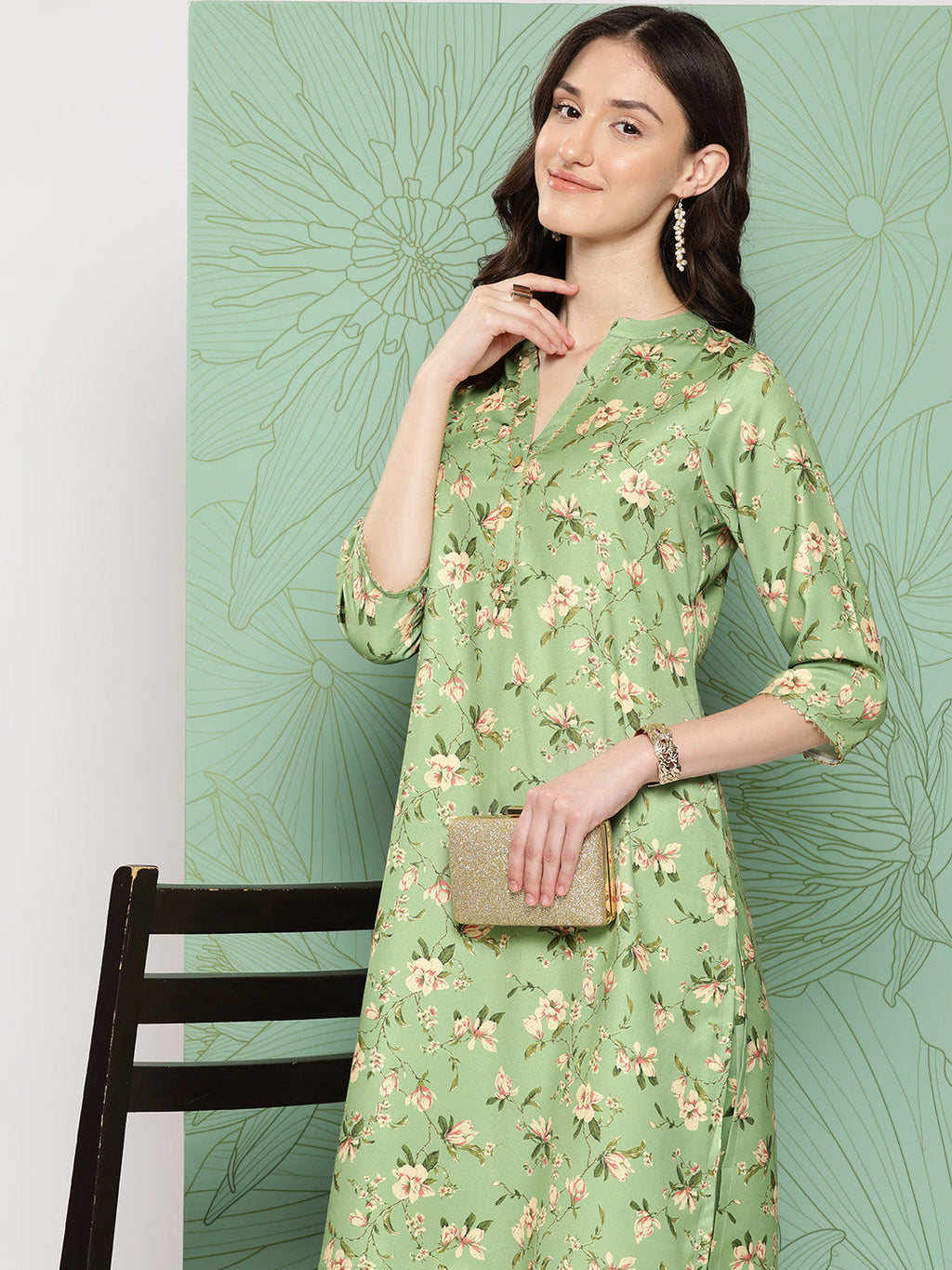 Janasya Women's Green Moss Digital Floral Printed Straight Casual Kurta Set