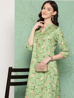 Janasya Women's Green Moss Digital Floral Printed Straight Casual Kurta Set