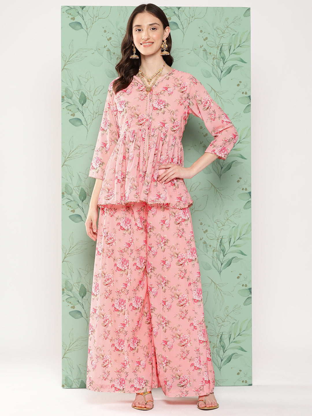 Janasya Women's Peach Georgette Digital Floral Printed Peplum Festive Top Set