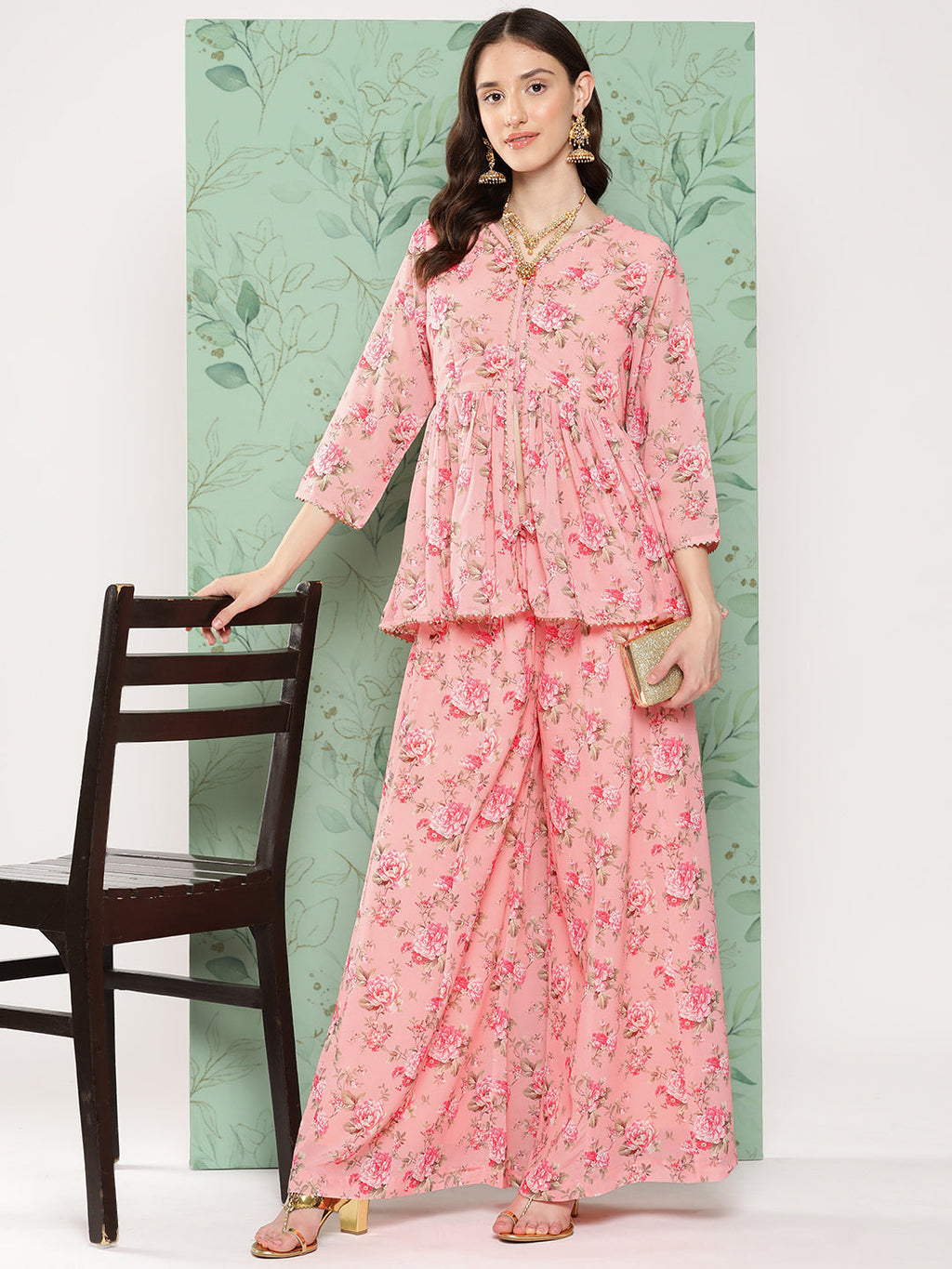 Janasya Women's Peach Georgette Digital Floral Printed Peplum Festive Top Set