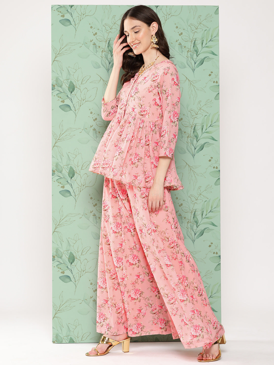 Janasya Women's Peach Georgette Digital Floral Printed Peplum Festive Top Set