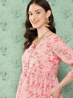 Janasya Women's Peach Georgette Digital Floral Printed Peplum Festive Top Set