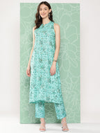 Janasya Women's Aqua Blue Moss Digital Floral Printed Straight Festive Kurta Set