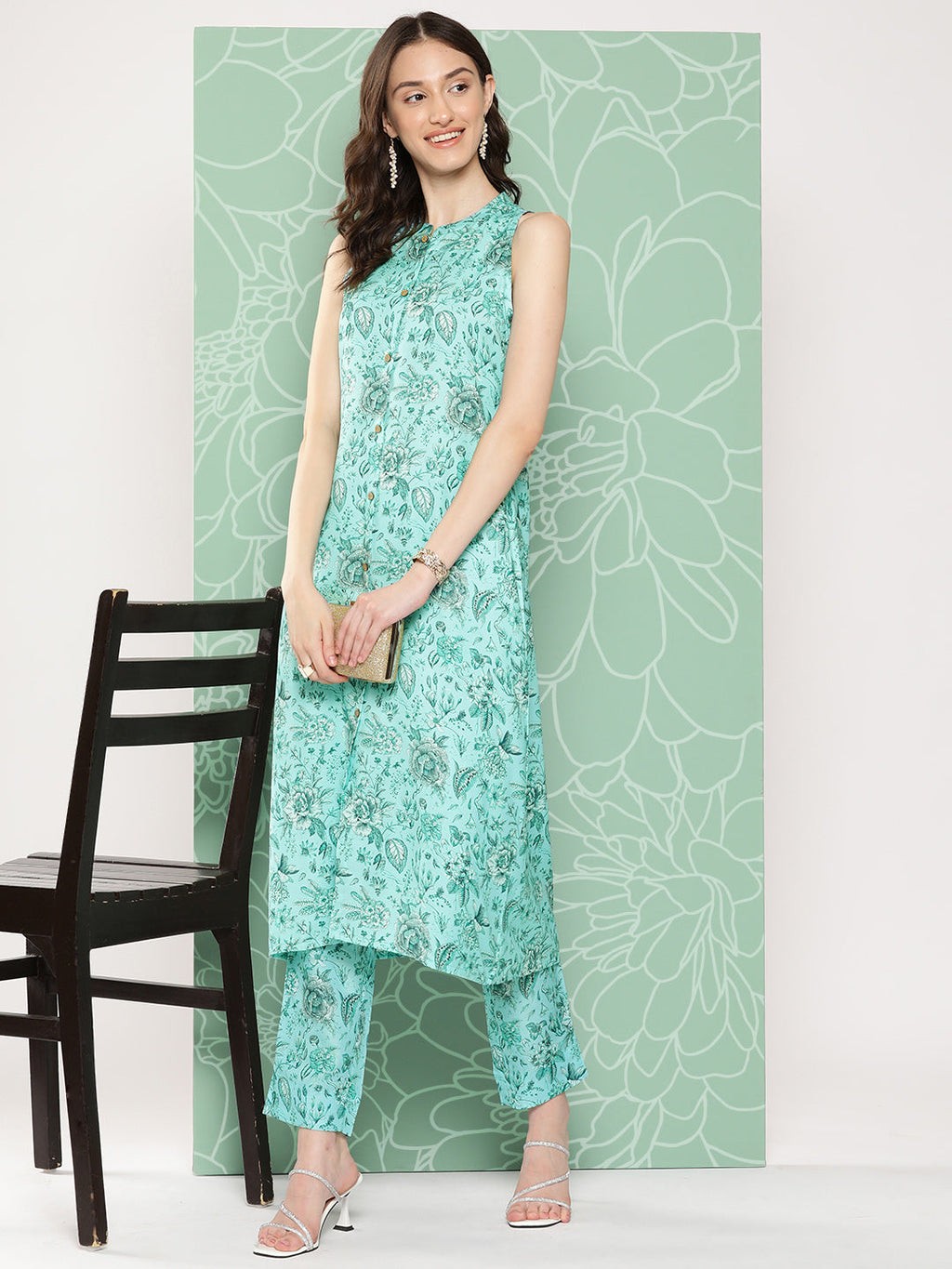 Janasya Women's Aqua Blue Moss Digital Floral Printed Straight Festive Kurta Set