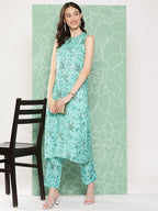 Janasya Women's Aqua Blue Moss Digital Floral Printed Straight Festive Kurta Set