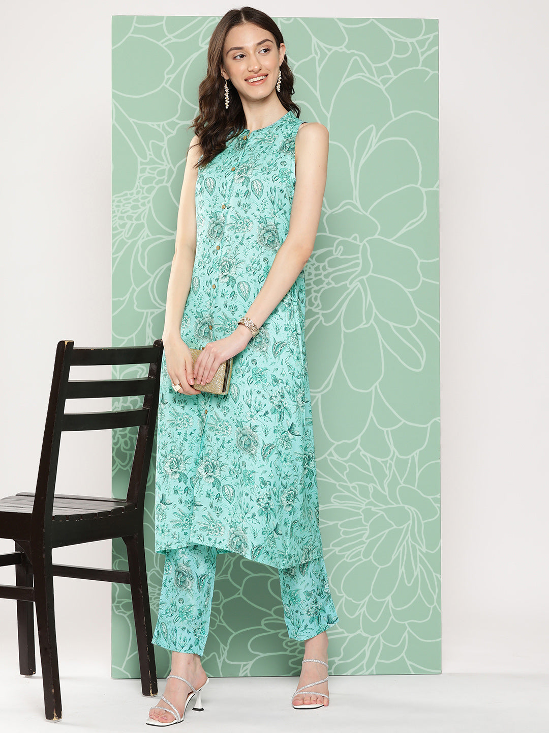 Janasya Women's Aqua Blue Moss Digital Floral Printed Straight Festive Kurta Set