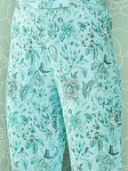 Janasya Women's Aqua Blue Moss Digital Floral Printed Straight Festive Kurta Set