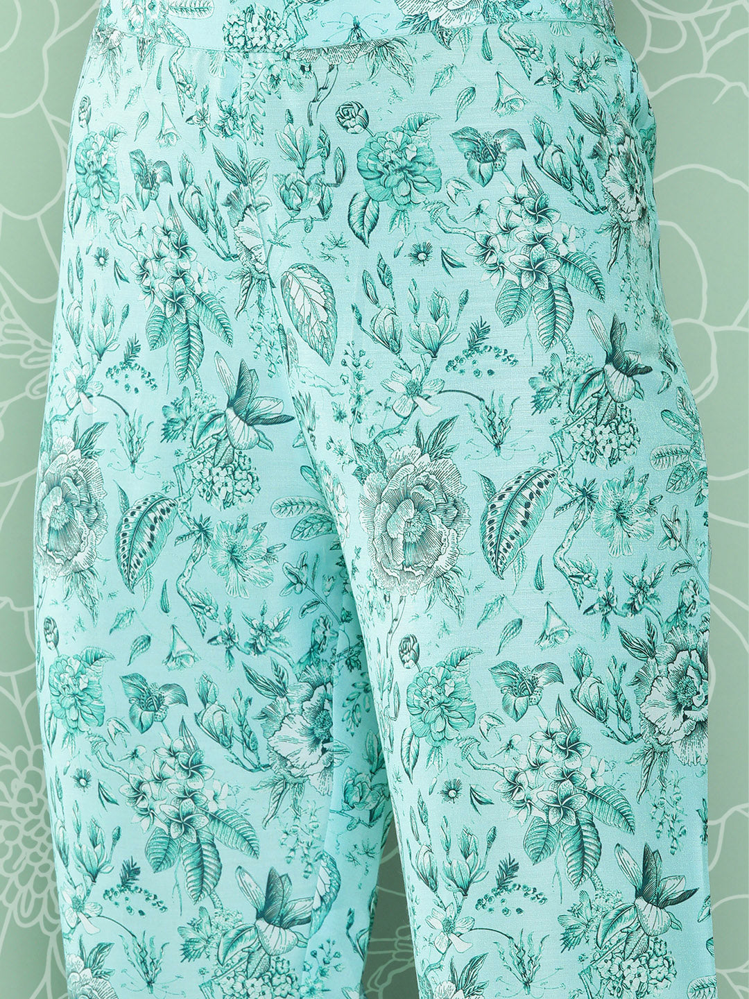 Janasya Women's Aqua Blue Moss Digital Floral Printed Straight Festive Kurta Set
