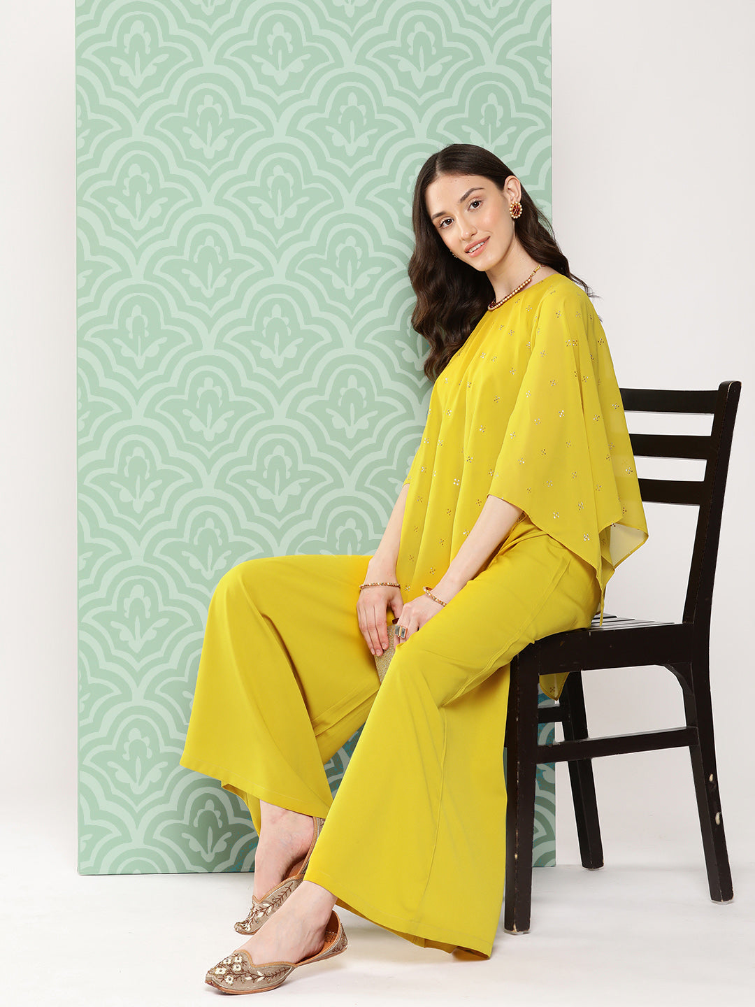 Janasya Women's Yellow Crepe Solid Crop Top Festive Top Set