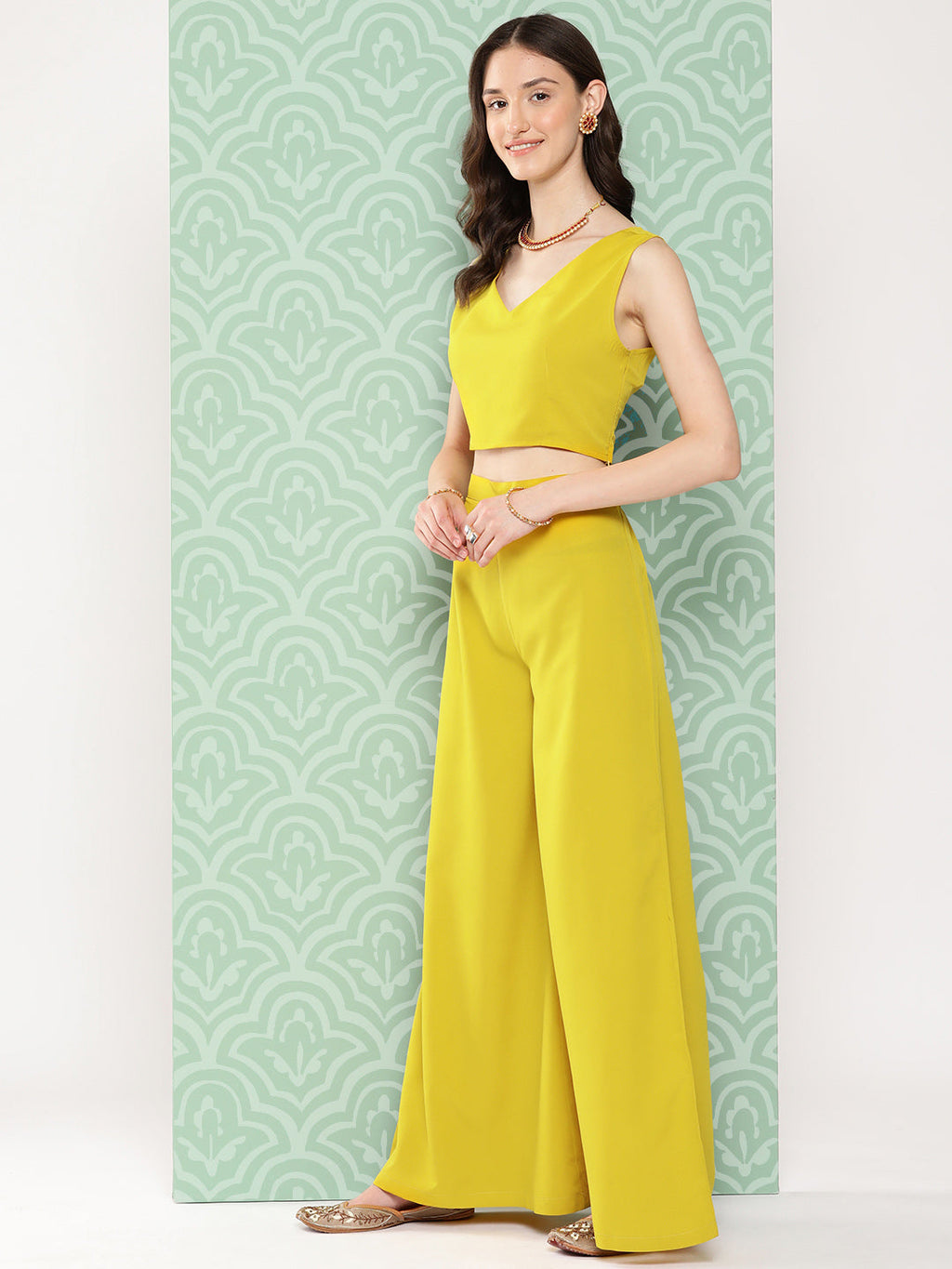 Janasya Women's Yellow Crepe Solid Crop Top Festive Top Set