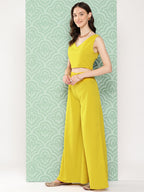 Janasya Women's Yellow Crepe Solid Crop Top Festive Top Set