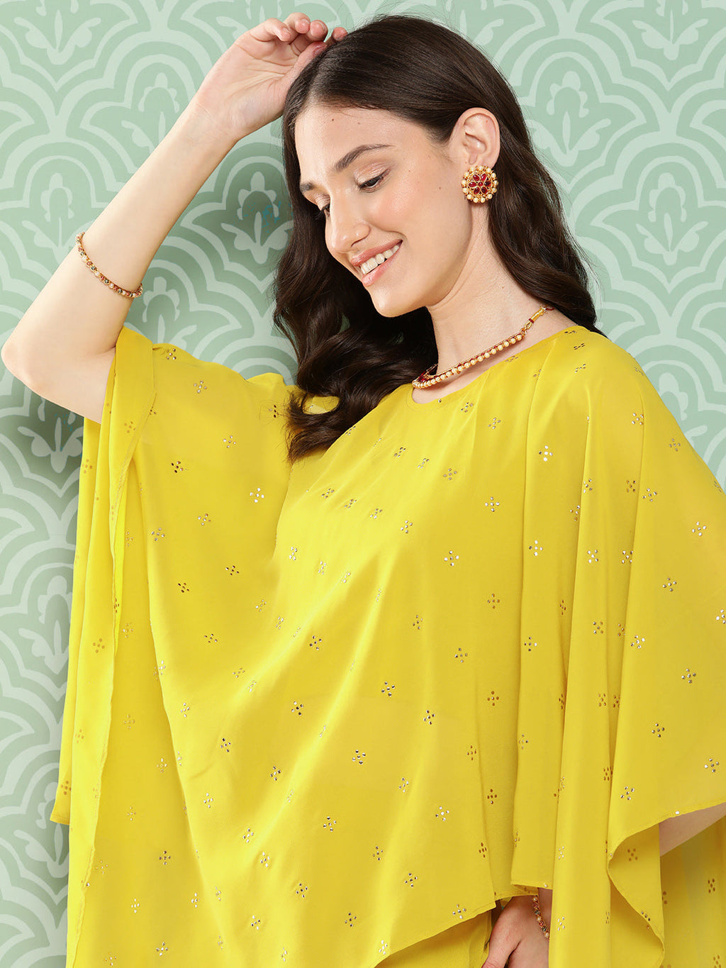 Janasya Women's Yellow Crepe Solid Crop Top Festive Top Set