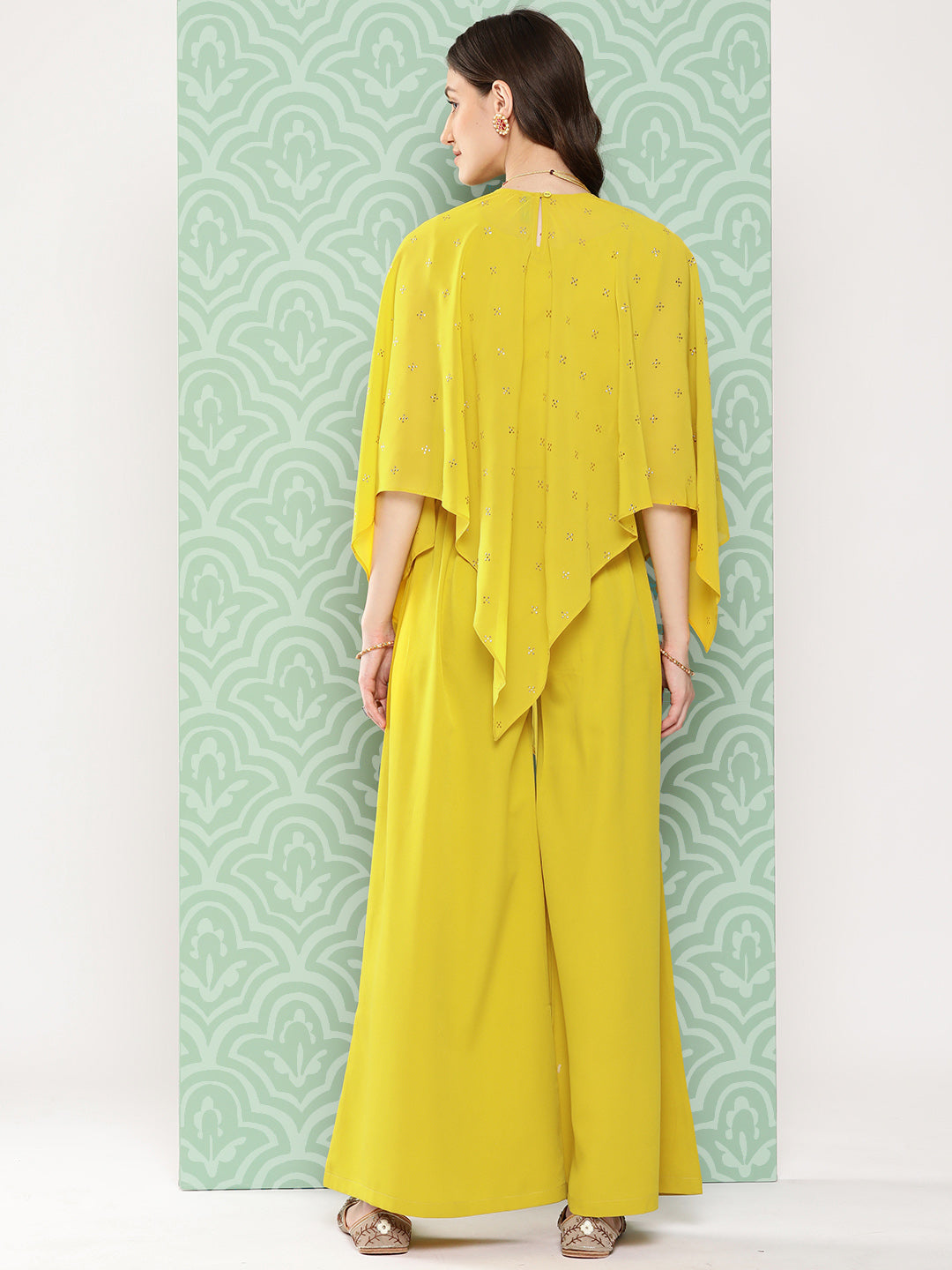 Janasya Women's Yellow Crepe Solid Crop Top Festive Top Set