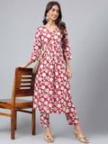 Janasya Women's Maroon Cotton Floral Printed Gathered Casual Kurta Set