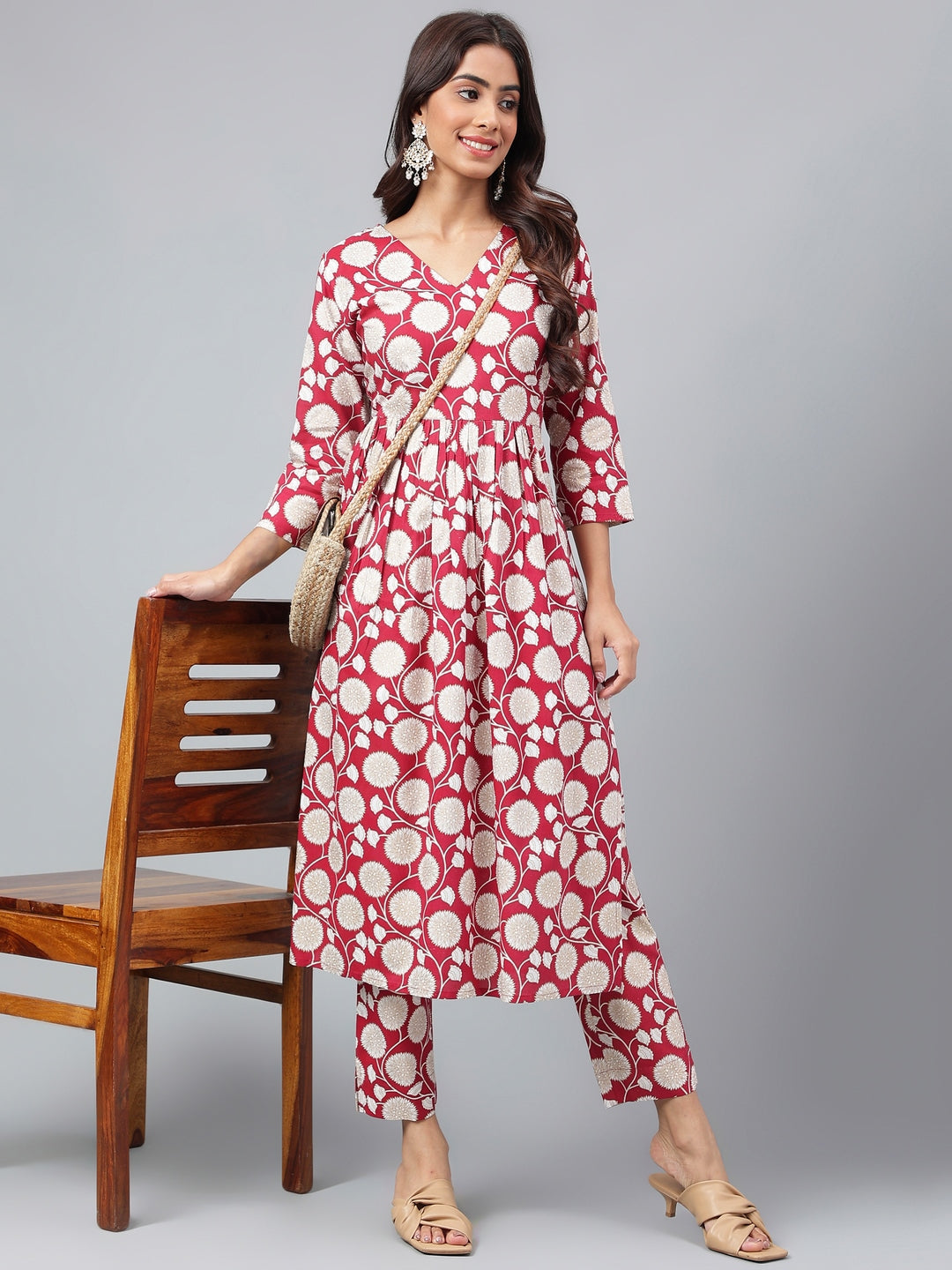 Janasya Women's Maroon Cotton Floral Printed Gathered Casual Kurta Set