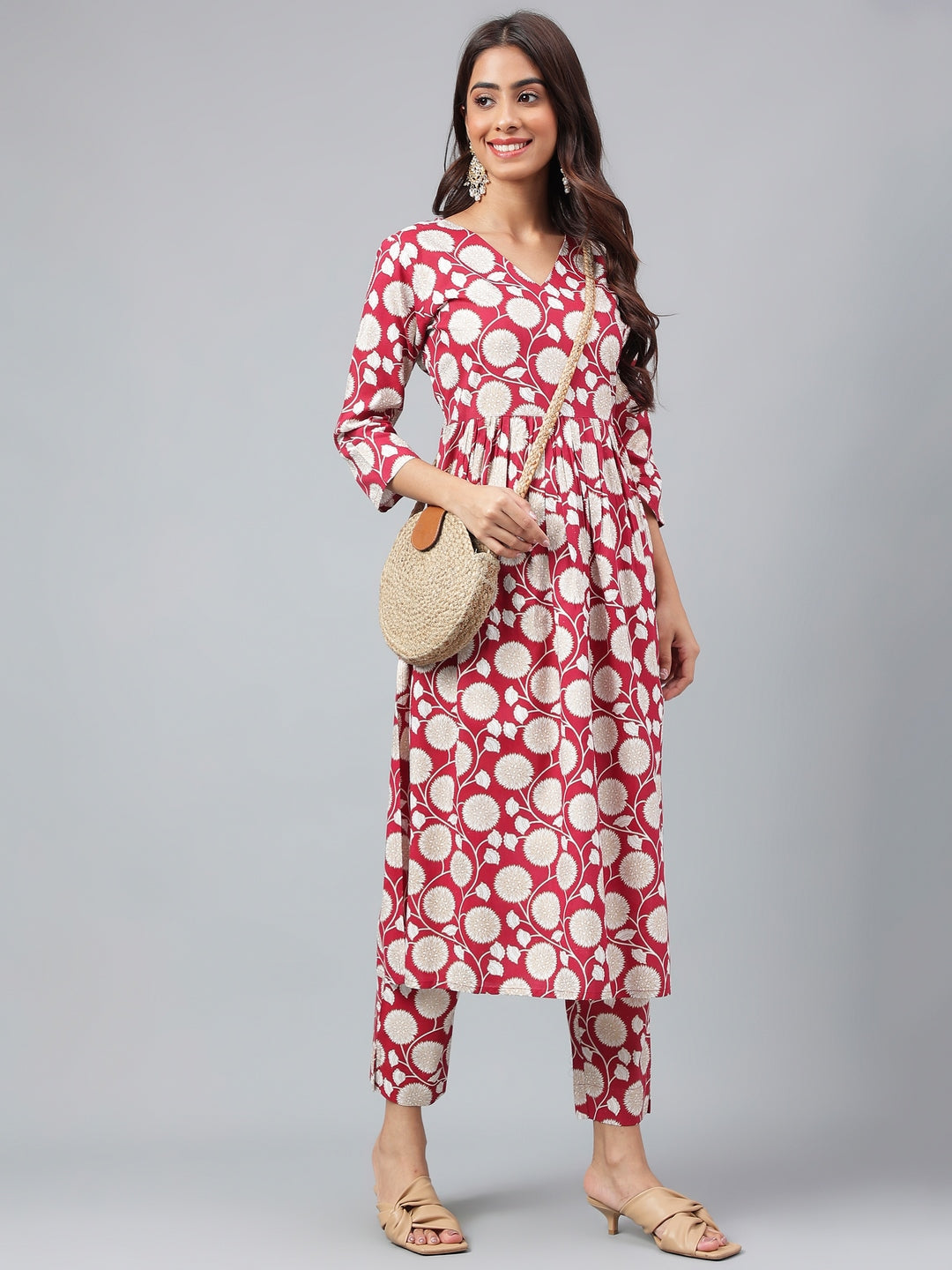 Janasya Women's Maroon Cotton Floral Printed Gathered Casual Kurta Set