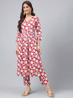 Janasya Women's Maroon Cotton Floral Printed Gathered Casual Kurta Set