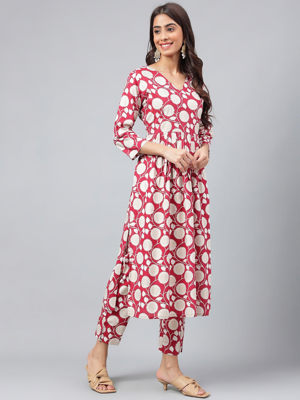 Janasya Women's Maroon Cotton Floral Printed Gathered Casual Kurta Set