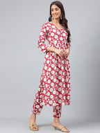 Janasya Women's Maroon Cotton Floral Printed Gathered Casual Kurta Set